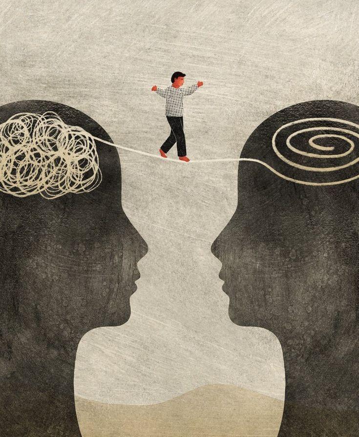 Ilustración de persona caminando entre dos mentes - del caos a la claridad