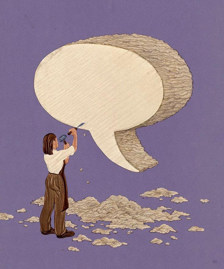 Ilustración de persona esculpiendo una burbuja de diálogo - construyendo claridad